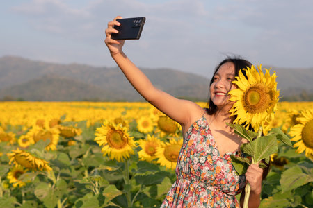 Happy young girl selfie with sunflower at beautiful flower field.の写真素材