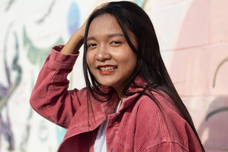 Portrait close-up face Asian young girl with colorful background.の写真素材