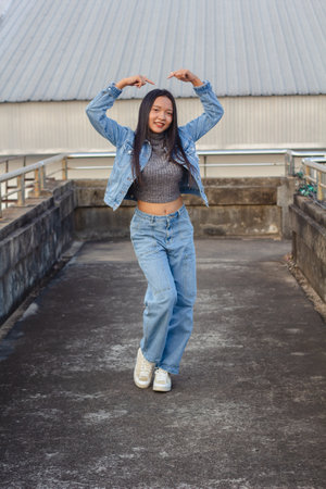 Full length body size view of smart girl and cheerful girl dancing good mood on overpass city...