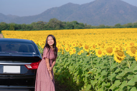 Beautiful young girl standing beside the car in the sunflowers field. Summer time.の写真素材