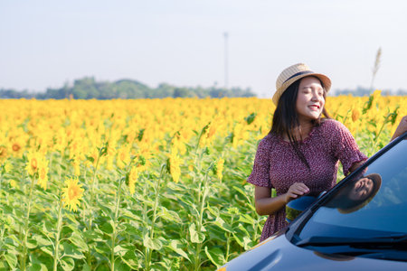Beautiful young girl standing beside the car in the sunflowers field. Summer time.の写真素材