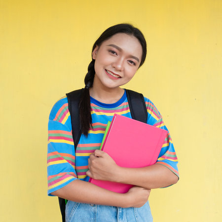 Student girl hold book and smiling on yellow background.の写真素材