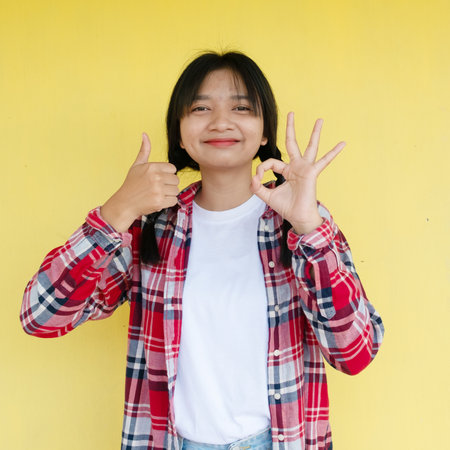 Happy young girl on yellow background, student girl.の写真素材