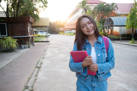 Happy young girl hold book with backpack walking at school.の写真素材