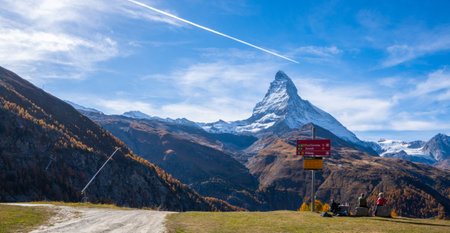 Small town with beautiful landscape view of Matterhorn Mount in autumn, Zermatt Switzerland.の写真素材