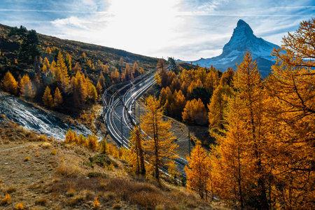 Railroads and beautiful autumn foliage and Mt. Matterhorn famous Alps at Zermatt Switzerland.の写真素材