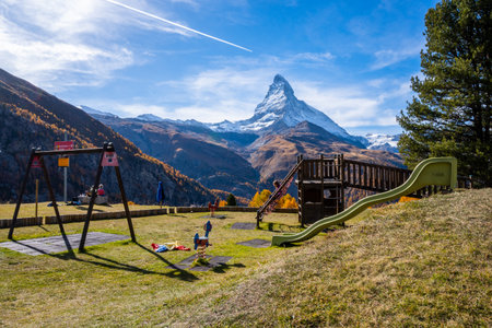 Small town with beautiful landscape view of Matterhorn Mount in autumn, Zermatt Switzerland.の写真素材