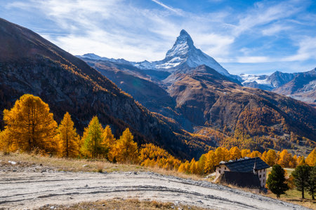 Small town with beautiful landscape view of Matterhorn Mount in autumn, Zermatt Switzerland.の写真素材