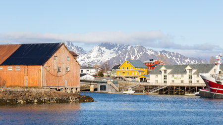 Landscape view of Svolvaer fishing village at Lofoten islands, Norway