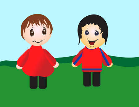 Two animated style characters in an illustrated field.の写真素材