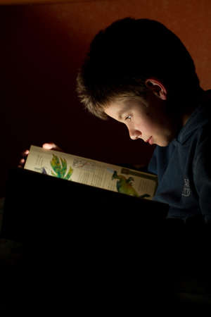 Young boy reading book in bed at night. Book as only lightsourceの写真素材