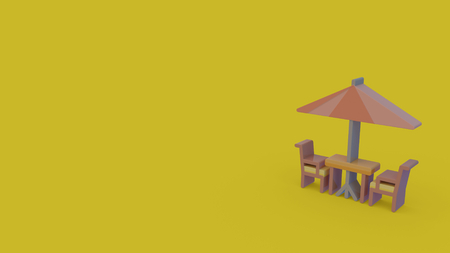 3d icon of outdoor set of two chairs table and parasol isolated on yellow backgroundの写真素材