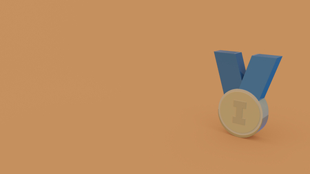 3d icon of gold medal on with blue ribbon isolated on backgroundの写真素材