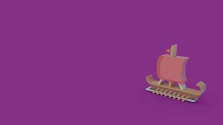 3d icon of ancient trireme with red sail and paddles isolated on violet backgroundの写真素材