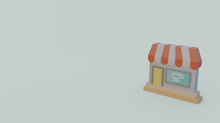 3d icon of cafe shop with white res striped roof and cup symbol on window isolated on light blue backgroundの写真素材