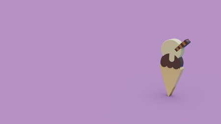 3d icon of vanilla and chocolate ice cream in cone isolated on violet backgroundの写真素材