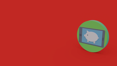 3d icon of mobile phone with pig symbol on screen isolated on red backgroundの写真素材