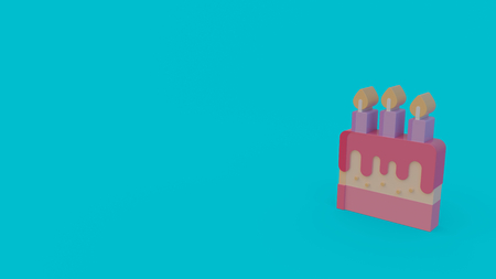 3d icon of pink birthday cake with three candles isolated on turquoise backgroundの写真素材