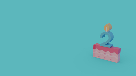 3d icon of pink birthday cake with blue number two candle isolated on blue backgroundの写真素材