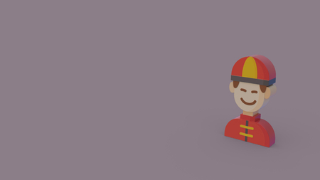 3d icon of chinese boy in red costume and hat isolated on violet backgroundの写真素材
