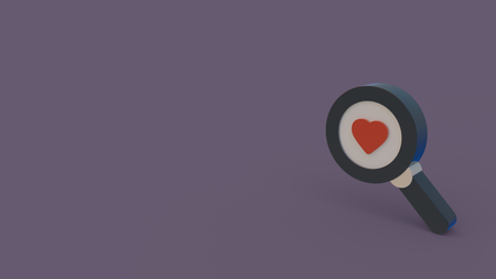 3d icon of magnifying glass with heart isolated on violet backgroundの写真素材