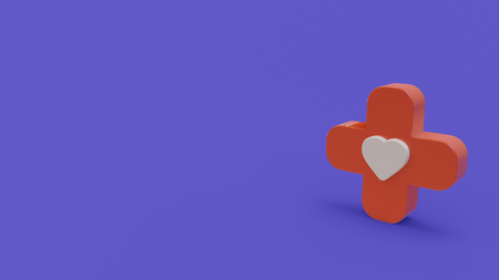 3d icon of red cross with white heart isolated on blue backgroundの写真素材