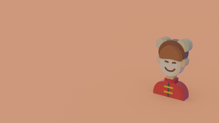 3d icon of chinese boy in red costume and brown hat isolated on orange backgroundの写真素材