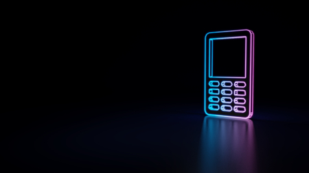 3d icon of blue violet neon cellphone isolated on black backgroundの写真素材