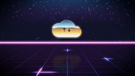 chrome icon of cloud with up and down arrows cancel on synth background