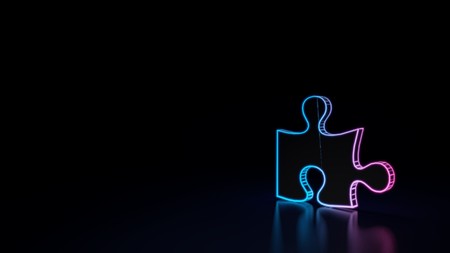 3d icon of blue violet puzzle piece isolated on black backgroundの写真素材