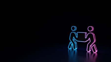 3d icon of blue violet two people carrying box isolated on black background