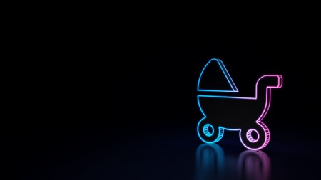 3d icon of blue violet baby carriage isolated on black background