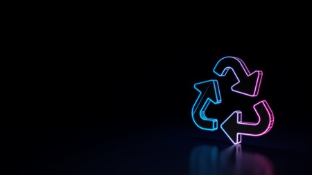 3d icon of blue violet recycle symbol isolated on black backgroundの写真素材