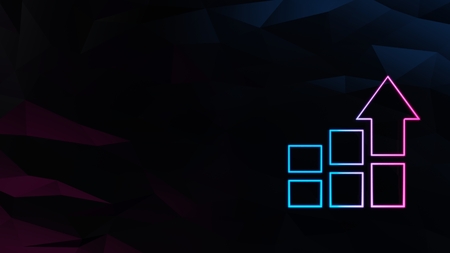 icon of blue violet neon bar chart with up arrow on low-poly abstract triangular mosaic on blue...