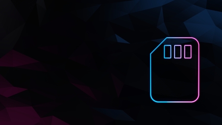 blue violet neon sim card on low-poly abstract triangular mosaic on blue violet dark background