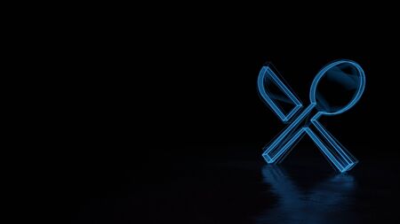 3d techno neon blue glowing wireframe with glitches symbol of cutlery 1 isolated on black background with distorted reflection on floorの写真素材