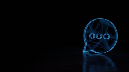 3d techno neon blue glowing wireframe with glitches symbol of rectangular rounded chat bubble with...