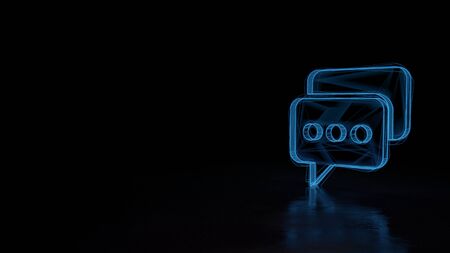 3d techno neon blue glowing wireframe with glitches symbol of two rectangular rounded chat bubbles with three dots isolated on black background with distorted reflection on floorの写真素材