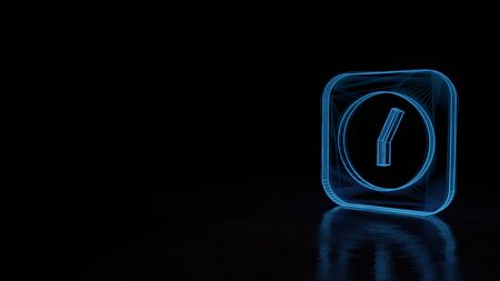 3d techno neon blue glowing wireframe with glitches symbol of rectangle alarm clock isolated on black background with distorted reflection on floorの写真素材