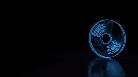 3d techno neon blue glowing wireframe with glitches symbol of compact disc 1 isolated on black background with distorted reflection on floorの写真素材