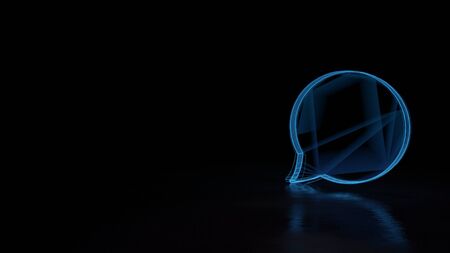3d techno neon blue glowing wireframe with glitches symbol of rounded chat bubble isolated on black background with distorted reflection on floorの写真素材