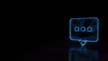 3d techno neon blue glowing wireframe with glitches symbol of rectangular rounded chat bubble with three dots isolated on black background with distorted reflection on floorの写真素材