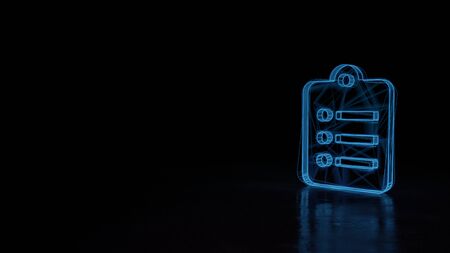 3d techno neon blue glowing wireframe with glitches symbol of clipboard list with three lines isolated on black background with distorted reflection on floorの写真素材