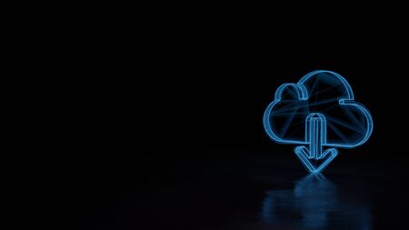 3d techno neon blue glowing wireframe with glitches symbol of download from cloud with down arrow isolated on black background with distorted reflection on floorの写真素材