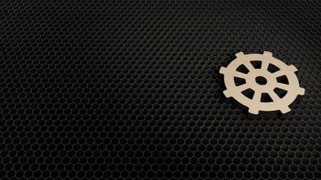 laser cut plywood 3d symbol of dharmachakra render on metal honeycomb inside laser engraving machine...