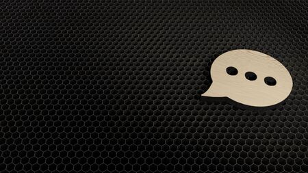 laser cut plywood 3d symbol of rectangular rounded chat bubble with three dots render on metal honeycomb inside laser engraving machine backgroundの写真素材