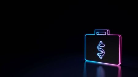 3d techno neon purple blue glowing outline wireframe symbol of briefcase with dollar sign isolated on black background with glossy reflection on floorの写真素材