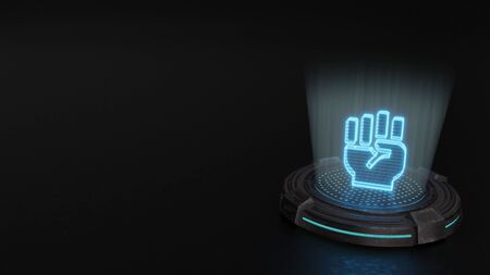 blue stripes digital laser 3d hologram symbol of fist raised gesture render on old metal sci-fi pad backgroundの写真素材