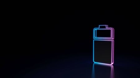 3d techno neon purple blue glowing outline wireframe vertical symbol of two third charged battery  isolated on black background with glossy reflection on floorの写真素材