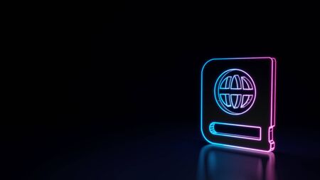 3d techno neon purple blue glowing outline wireframe symbol of atlas book with globe on cover isolated on black background with glossy reflection on floorの写真素材